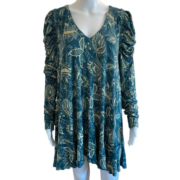 Free People "Hello Lover" Women's Size L/G Mini Dress Tunic Top Blue/Green/Cream - Picture 15 of 15